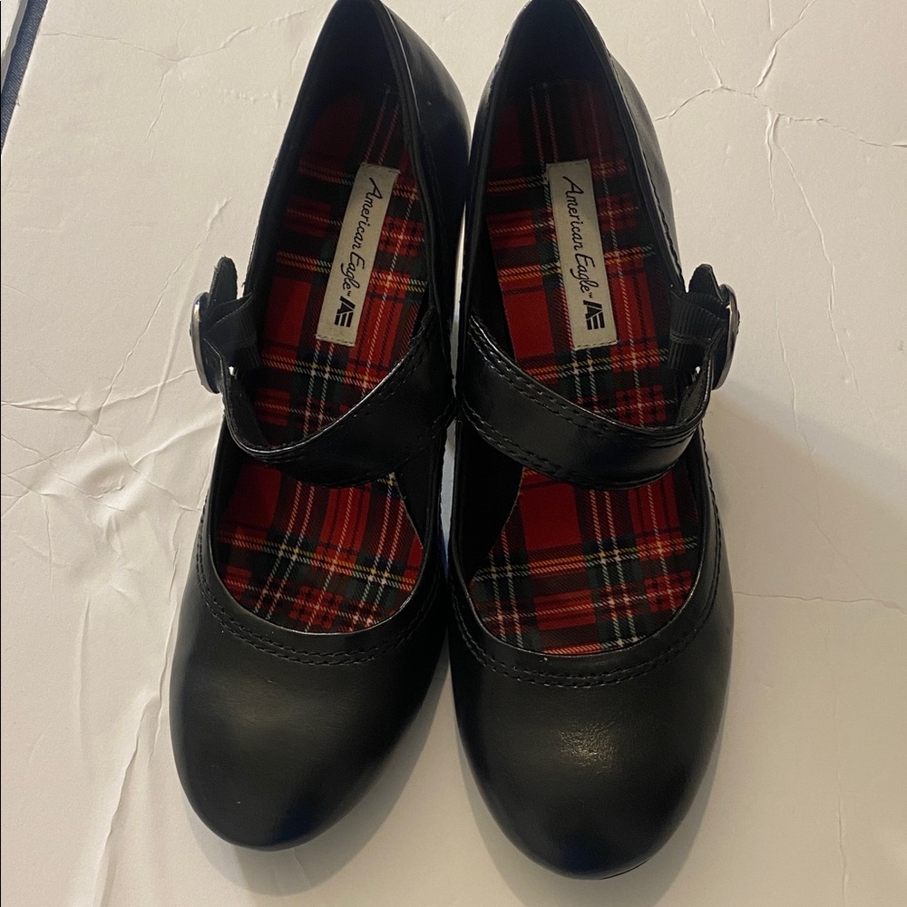 American Eagle Outfitters Black Mary Jane  Shoes with Red Plaid Interior